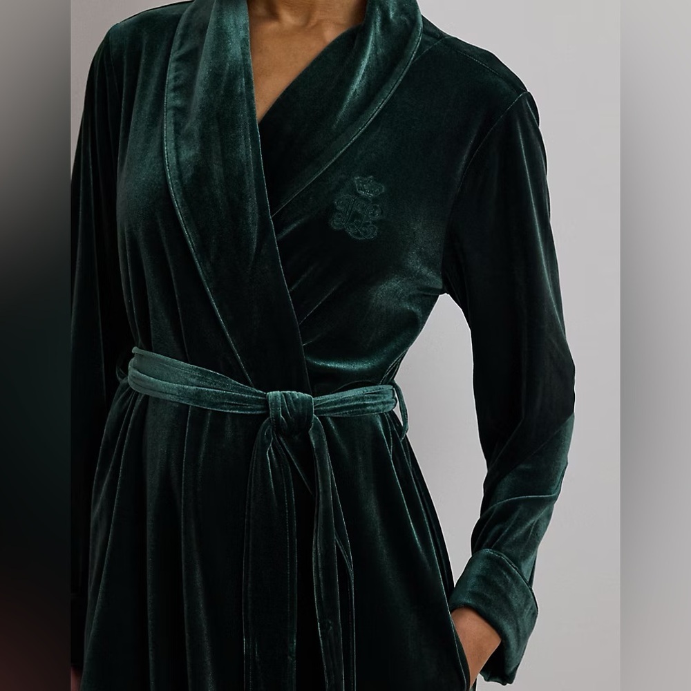 Lauren by Ralph Lauren Velvet Long Shawl-Collar Robe Embroidered logo - Picture 2 of 7